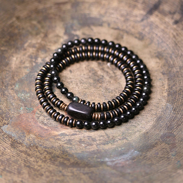 Buddha Stones Rainbow Obsidian Ebony Wood Copper Healing Triple Wrap Bracelet Bracelet BS 10
