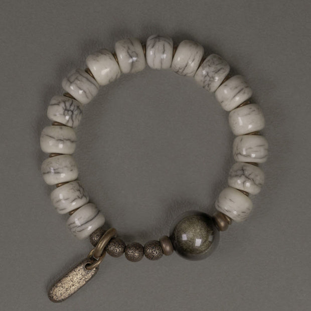 Buddha Stones Tibetan Yak Bone Gold Sheen Obsidian Brass Bead Strength Bracelet