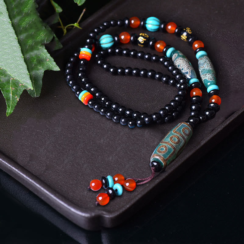 Buddha Stones Tibetan Nine-Eye Dzi Bead Dragon Pattern Om Mani