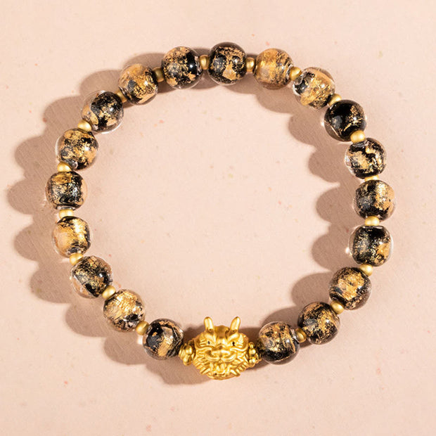 Buddha Stones Year of the Dragon Gold Foil Liuli Glass Bead Luck Bracelet Bracelet BS Black Liuli Glass Bead(Wrist Circumference 14-16cm)