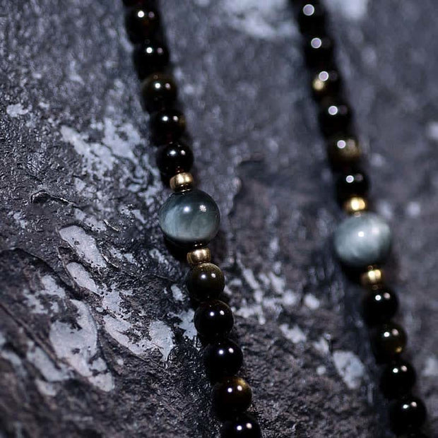 Buddha Stones 108 Mala Beads Gold Sheen Obsidian Tiger Eye Eagle's Eye Stone Wealth Bracelet Mala Bracelet BS 2