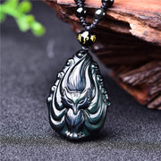 Buddha Stones Natural Rainbow Obsidian Nine Tailed Fox Inner Peace Necklace Beaded String Pendant Necklaces & Pendants BS 7