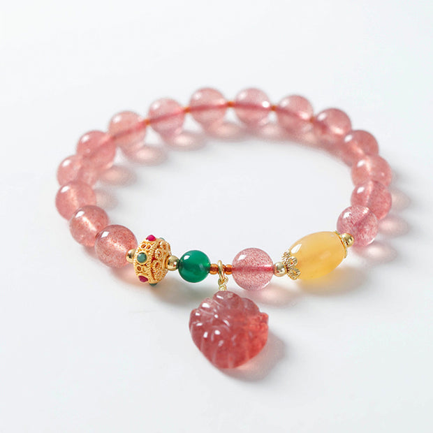 Buddha Stones Natural Strawberry Quartz Nine-Tailed Fox Healing Bracelet