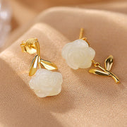 Buddha Stones 925 Sterling Silver Plated Gold Jade Rose Flower Cyan Jade Pearl Luck Earrings Earrings BS 2