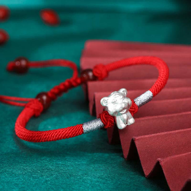 Buddha Stones 999 Sterling Silver Chinese Zodiac Luck Strength Red String Bracelet Bracelet BS Tiger(Bracelet Size 15.5cm+8cm)