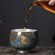 Buddha Stones 999 Gilt Silver Gilt Chinese Zodiac Ceramic Teacup Kung Fu Tea Cup 160ml
