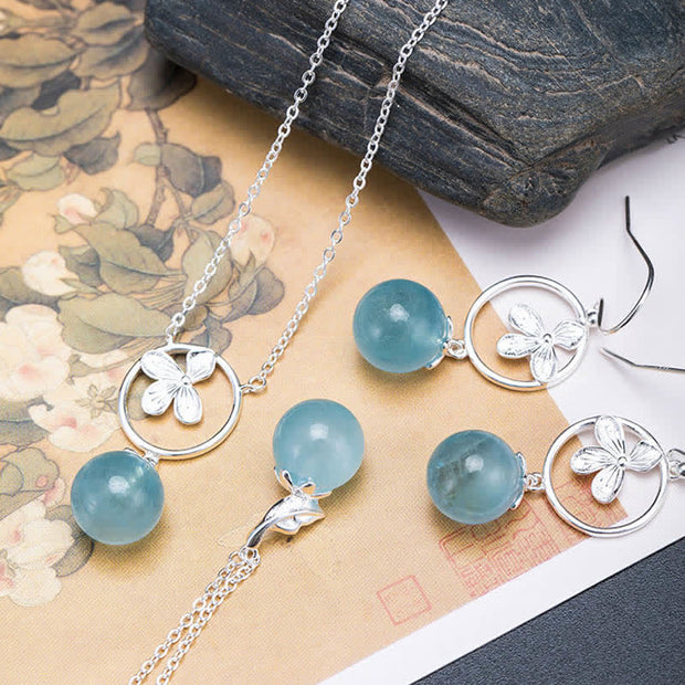Buddha Stones 925 Sterling Silver Natural Aquamarine Leaf Flower Peace Earrings Necklace Earrings BS 1