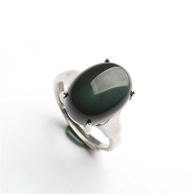 Buddha Stones Natural Rainbow Obsidian Crystal Protection Amulet Lucky Ring Ring BS 7