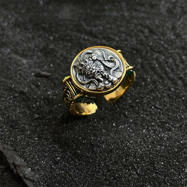 Buddha Stones 925 Sterling Silver Tang Dynasty Flower Design Carved Zakiram Goddess of Wealth Luck Ring Ring BS Gold(Adjustable)