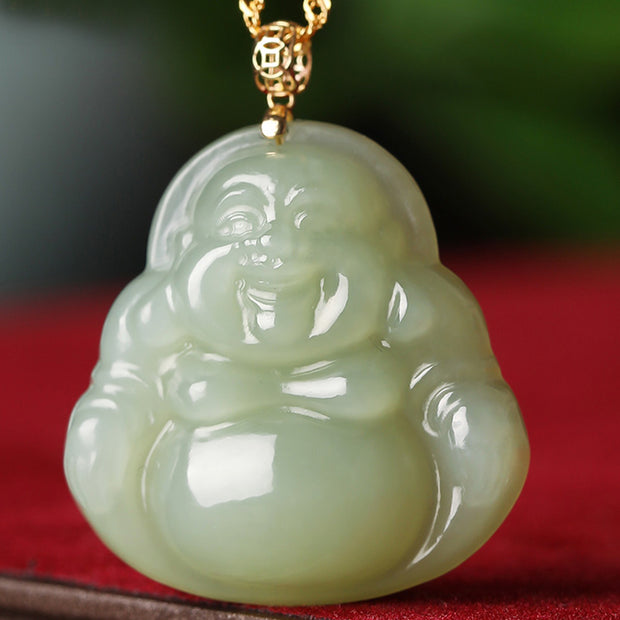 Buddha Stones 925 Sterling Silver Laughing Buddha Cyan Jade 18K Gold Success Necklace Pendant Necklaces & Pendants BS 5