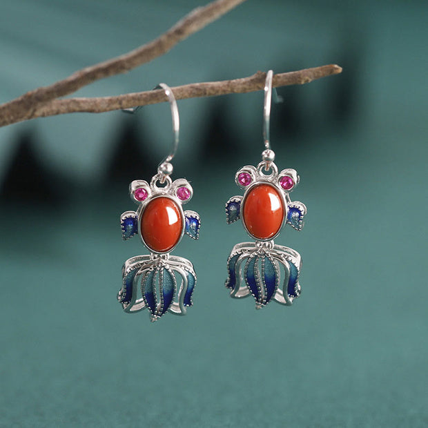 Buddha Stones 925 Sterling Silver Hetian White Jade Red Agate Cute Fish Happiness Drop Earrings Earrings BS Silver Red Agate(Confidence♥Calm)
