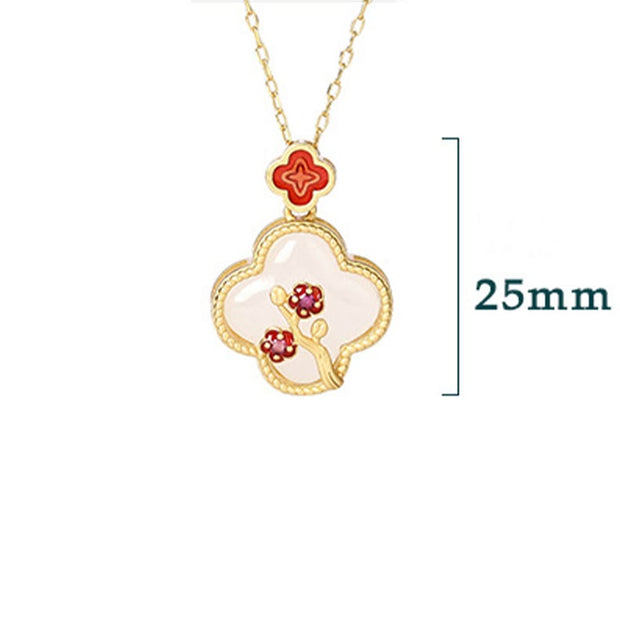 Buddha Stones 24K Gold Plated White Jade Four Leaf Clover Plum Blossom Luck Necklace Pendant Earrings Necklaces & Pendants BS 5