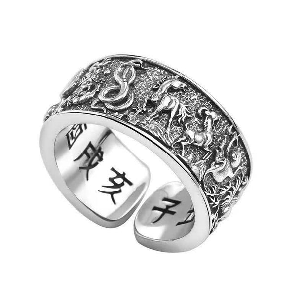 Buddha Stones 12 Chinese Zodiac Pattern Healing Luck Adjustable Ring