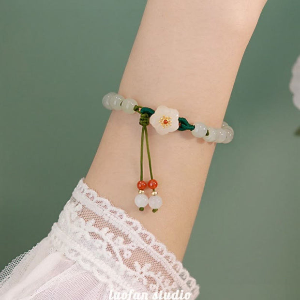 Buddha Stones Jade Peach Blossom Flower Luck Bracelet Bracelet BS 1