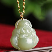 Buddha Stones 925 Sterling Silver Laughing Buddha Cyan Jade 18K Gold Success Necklace Pendant Necklaces & Pendants BS 1