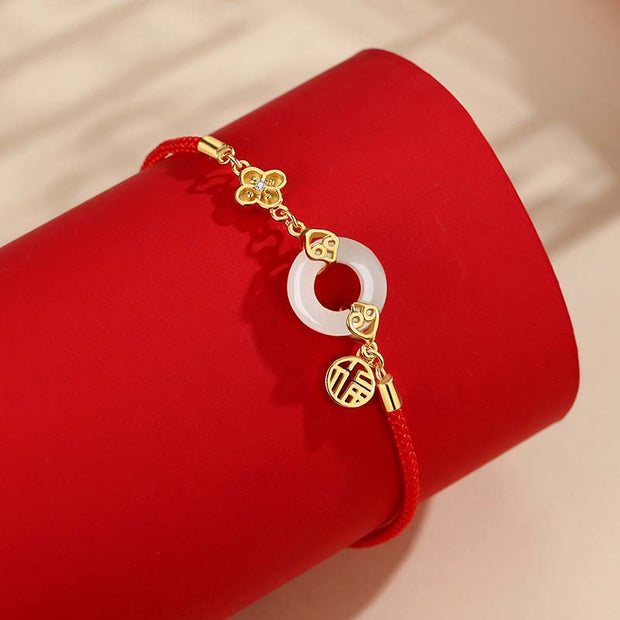 Buddha Stones 999 Sterling Silver Hetian Jade Peace Buckle Fu Character Luck Red Rope Bracelet