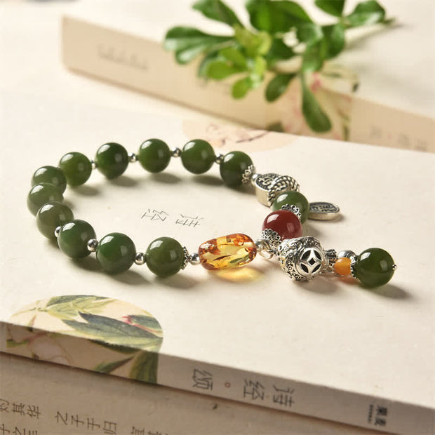 Buddha Stones 925 Sterling Silver Hetian Cyan Jade Gourd Amber Success Bracelet Bracelet BS 6