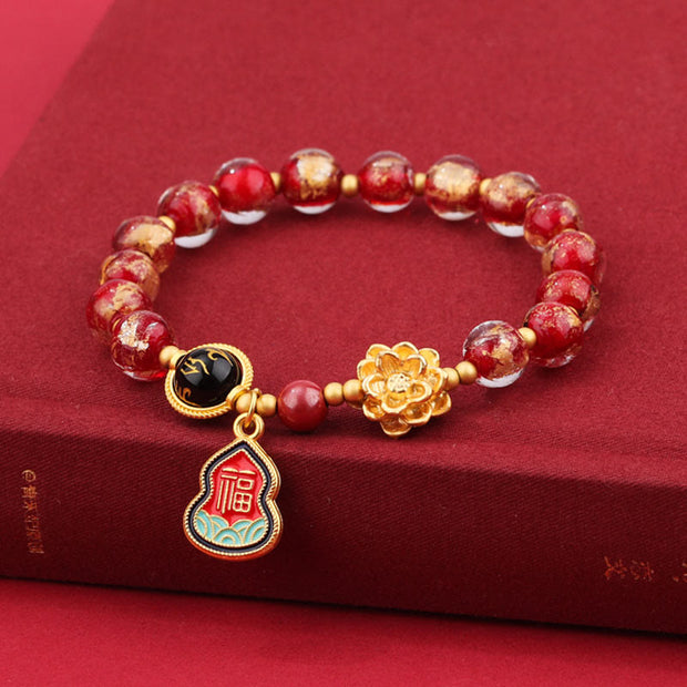 Buddha Stones Tibet Om Mani Padme Hum Fu Character Gourd Charm Lotus Liuli Glass Bead Luck Bracelet Bracelet BS 8mm Red Liuli Glass Bracelet(Wrist Circumference 14-16cm)