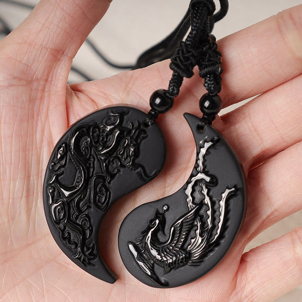 Buddha Stones Black Obsidian Yin Yang Dragon Phoenix Luck Necklace Pendant Necklaces & Pendants BS 4