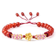 Buddha Stones 999 Sterling Silver Natural Red Agate Pink Crystal Cherry blossom Bracelet