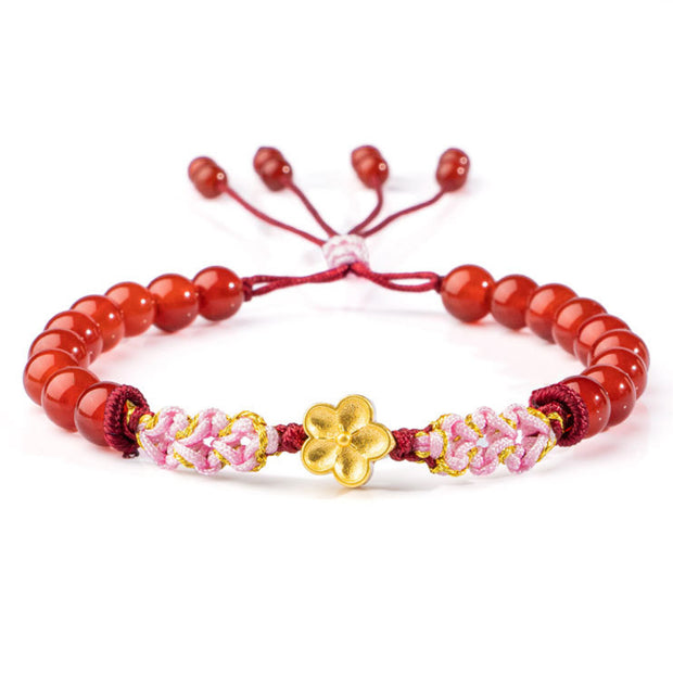 Buddha Stones 999 Sterling Silver Natural Red Agate Pink Crystal Cherry blossom Bracelet Bracelet BS Red Agate(Confidence♥Calm)(Wrist Circumference 14-19cm)