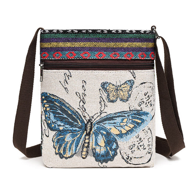Buddha Stones Elephant Butterfly Embroidered Canvas Tote Bag Shoulder Bag Crossbody Bag Bag BS Blue Butterfly