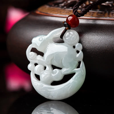 Buddha Stones Year of the Rabbit White Jade Crescent Moon Protection Necklace Pendant Necklaces & Pendants BS White Jade(Protection♥Happiness)