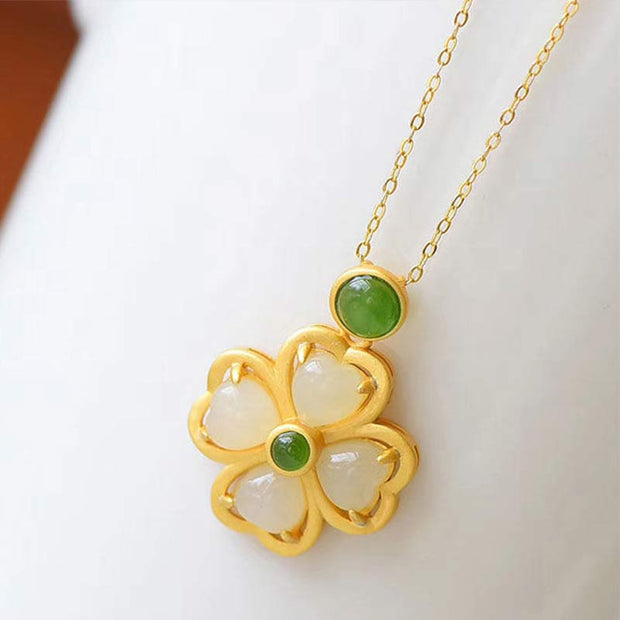 Buddha Stones 925 Sterling Silver Lucky Four Leaf Clover Jade Prosperity Necklace Chain Pendant Necklaces & Pendants BS 9
