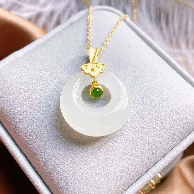 Buddha Stones Round White Jade Wishful Auspicious Cloud Blessing Luck Necklace Pendant Necklaces & Pendants BS 2