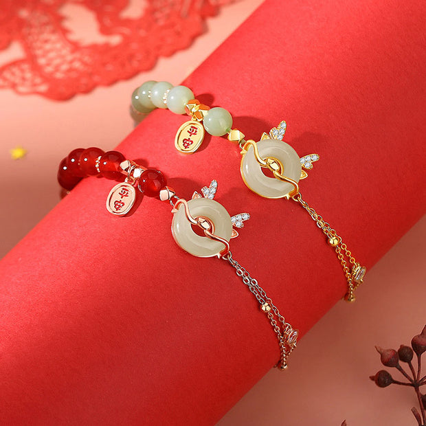 Buddha Stones 925 Sterling Silver Year of the Dragon Natural Red Agate Hetian Jade Peace Buckle Luck Success Bracelet