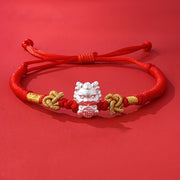 Buddha Stones 999 Sterling Silver Year of the Dragon Fu Character Attract Fortune Luck Handcrafted Braided Bracelet