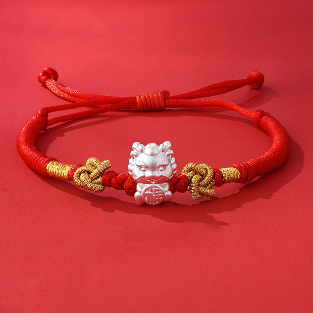 Buddha Stones 999 Sterling Silver Year of the Dragon Fu Character Attract Fortune Luck Handcrafted Braided Bracelet Bracelet BS Fu Character Dragon Knot Rope(Wrist Circumference 14-16cm)