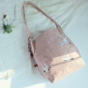 Buddha Stones Flower Crane Plum Blossom Embroidery Canvas Large Capacity Shoulder Bag Tote Bag Bag BS 26