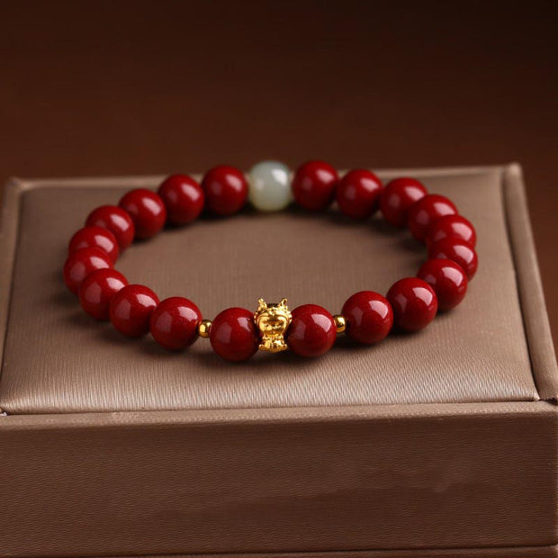 Buddha Stones 999 Gold Year of the Dragon Natural Cinnabar Jade Copper Coin Fu Character Blessing Bracelet Bracelet BS 8mm Cinnabar(Wrist Circumference 14-16cm) Dragon Fu Character