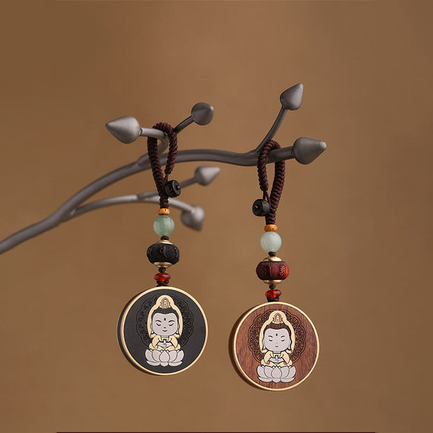 Buddha Stones Ebony Wood Rosewood Buddha Avalokitesvara Om Mani Padme Hum Balance Car Key Chain Decoration Key Chain BS 25