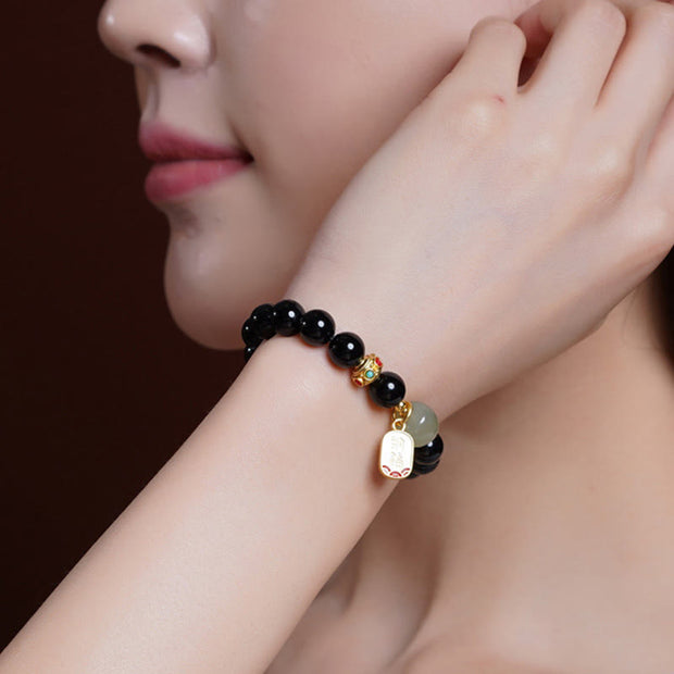 Buddha Stones Black Onyx Hetian Jade Bead Lucky Fortune Charm Bracelet Bracelet BS 4