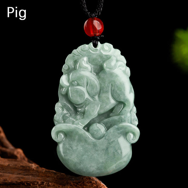 Buddha Stones Natural Green Jade 12 Chinese Zodiac Luck Prosperity Necklace Pendant Necklaces & Pendants BS Pig