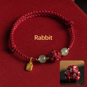 Buddha Stones Natural Cinnabar Chinese Zodiac Hetian Jade Fu Character Luck Rope Bracelet Bracelet BS Rabbit(Wrist Circumference 14-18cm)