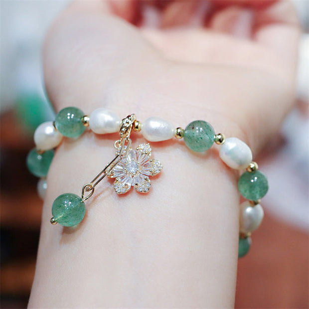 Buddha Stones Natural Green Strawberry Quartz Pearl Flower Charm Love Bracelet Bracelet BS 2