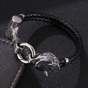 Buddha Stones Wolf Head Titanium Steel Leather Weave Blessing Bracelet Bracelet BS 3