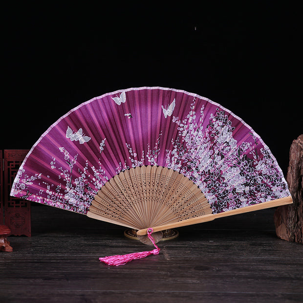 Buddha Stones Cherry Blossom Lily Butterfly Bamboo Handheld Silk Bamboo Folding Fan 21cm