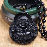 Buddha Stones Laughing Buddha Black Obsidian Strength Protection Pendant Necklace