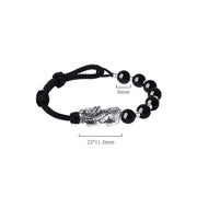 Buddha Stones 999 Sterling Silver FengShui PiXiu Natural Black Obsidian 925 Sterling Silver Bead Strength Bracelet
