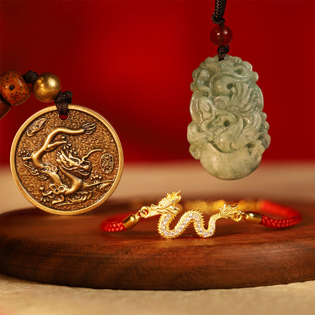 Buddha Stones Luck Dragon Red String Protection Bundle