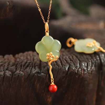 Buddha Stones Vintage Plum Blossom Flower Jade Red Agate Prosperity Necklace Pendant Necklaces & Pendants BS Jade(Prosperity♥Abundance)