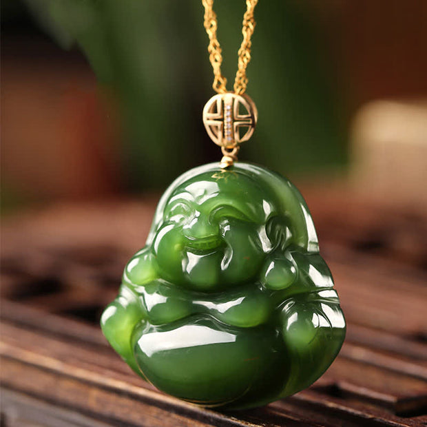 Buddha Stones 925 Sterling Silver Laughing Buddha Hetian Cyan Jade 18K Gold Success Necklace Chain Pendant Necklaces & Pendants BS 4