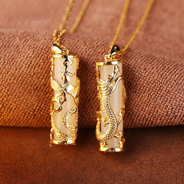 Buddhastoneshop Jade Dragon Phoenix Copper Blessing Harmony Necklace Pendant