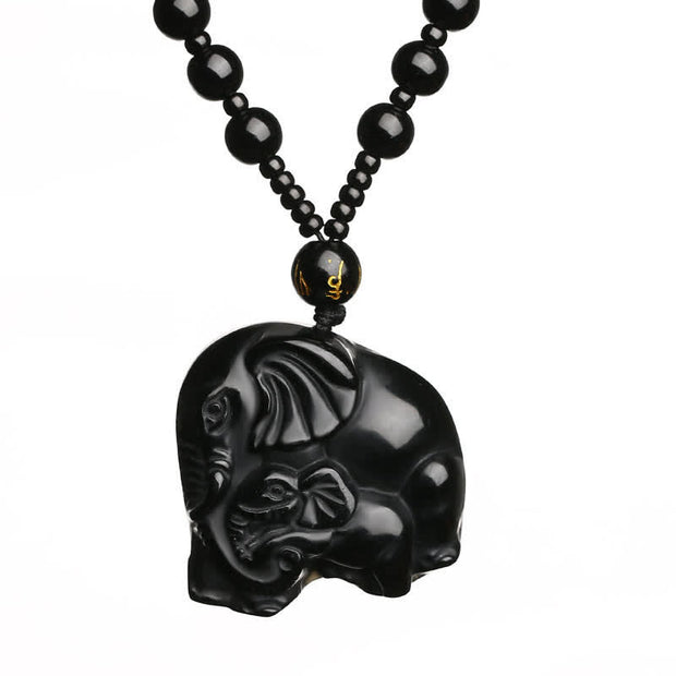 Buddha Stones Black Obsidian Elephant Protection Strength Necklace Pendant Necklaces & Pendants BS 12
