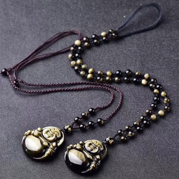 Buddha Stones Laughing Buddha Gold Sheen Obsidian Wealth Necklace Pendant Necklaces & Pendants BS 2