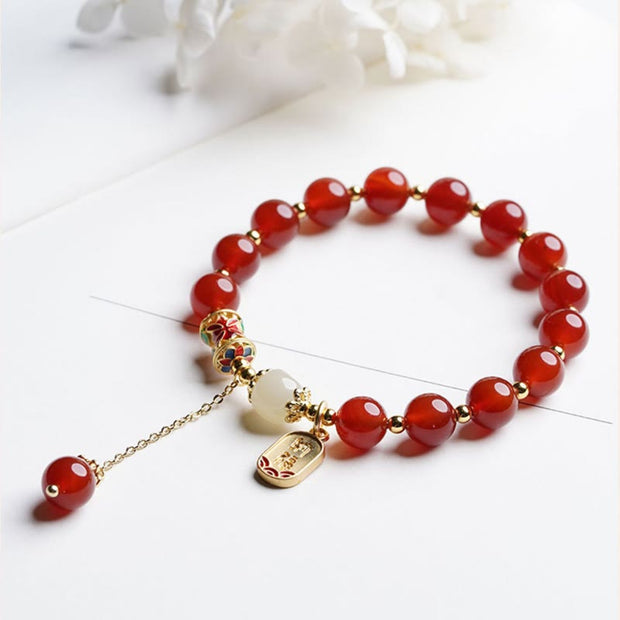 Buddha Stones Natural Red Agate Hetian Jade Fu Character Confidence Charm Bracelet Bracelet BS 3